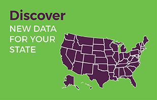 Button image with an outline of the United States and a label that reads, "Discover New Data for Your State"